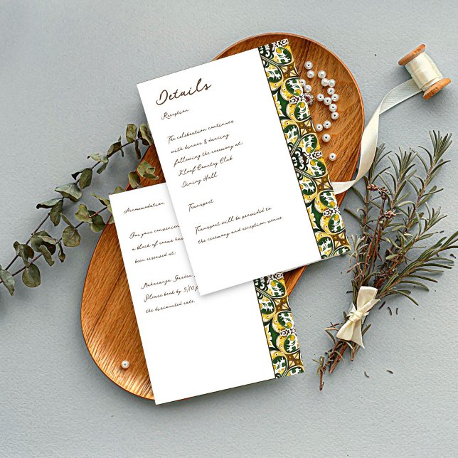 Cartão De Informações Detalhes do casamento dos azulejos mediterrânicos  (Green yellow Mediterranean Portuguese tiles wedding details Enclosure Card Spanish wedding cards)