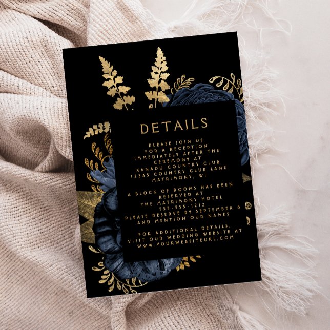 Cartão De Informações Detalhes do Casamento Dourado Azul Marinho Floral  (Criador carregado)