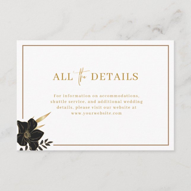 Cartão De Informações Detalhes do casamento Dourado, branco e moderno (Frente)