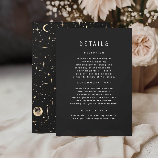 Cartão De Informações Detalhes do Casamento Dourado Celestial da Noite E (Celestial Black Details Cards)