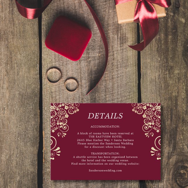 Cartão De Informações Detalhes do Casamento Dourado da Elegante Burgundy (Criador carregado)