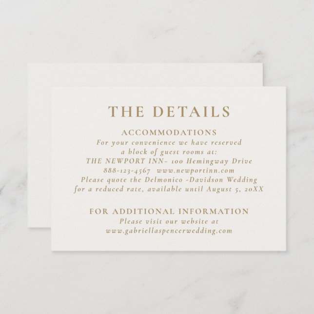 Cartão De Informações Detalhes do Casamento Dourado de Creme Elegante (Frente/Verso)