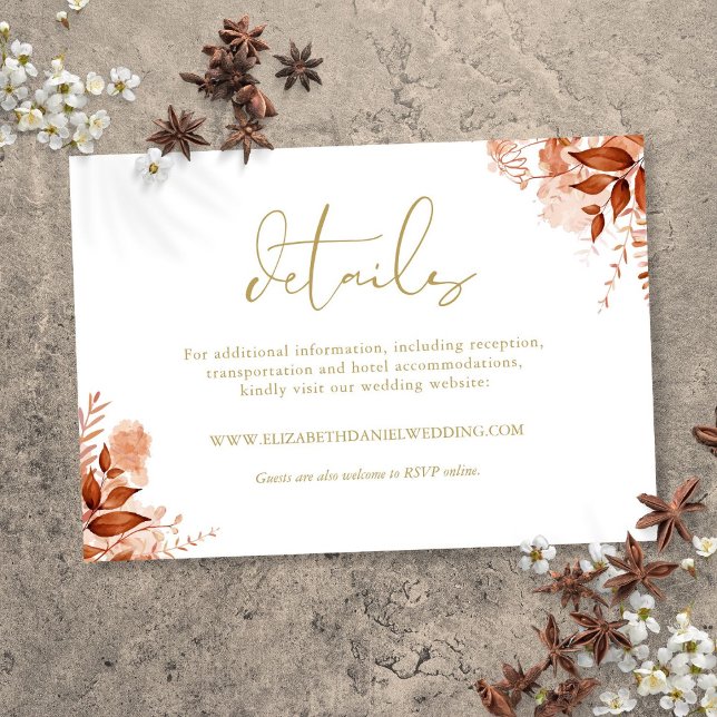 Cartão De Informações Detalhes do Casamento Dourado de outono Floral (Floral Autumn Fall Gold Wedding Details Enclosure Card)