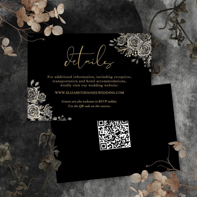 Cartão De Informações Detalhes do Casamento Dourado do Código QR Gótico  (Floral Gothic QR Code Gold Wedding Details Enclosure Card)