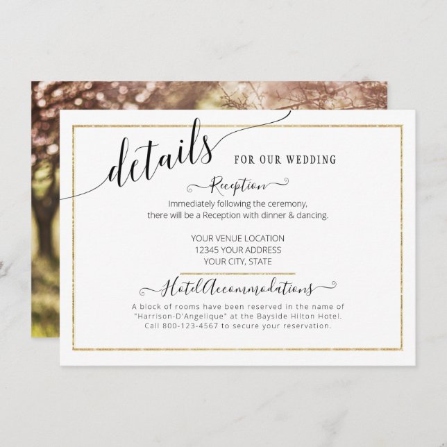 Cartão De Informações Detalhes do Casamento Dourado do Script Elegante m (Frente/Verso)