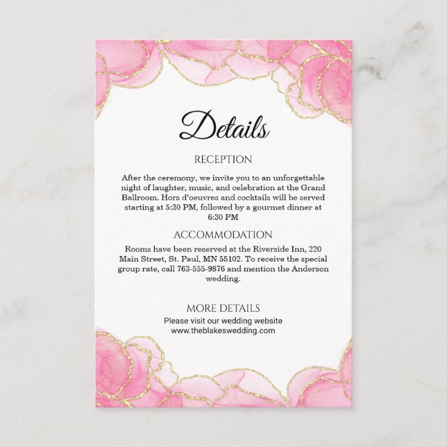 Cartão De Informações Detalhes do Casamento Dourado e Rosa Moderno Elega (Frente)