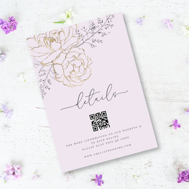 Cartão De Informações Detalhes do Casamento Dourado Lilac Floral da Linh (Criador carregado)