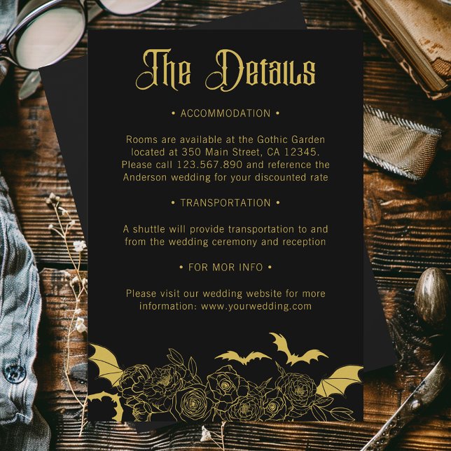 Cartão De Informações Detalhes do Casamento Dourado Preto Glam Gótico (Criador carregado)