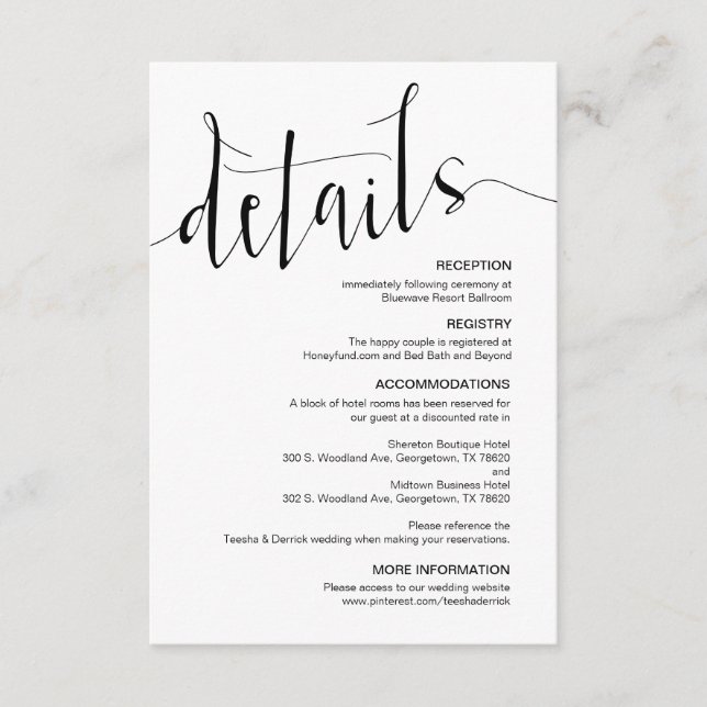 Cartão De Informações Detalhes do Casamento Editável a Preto Moderno (Frente)