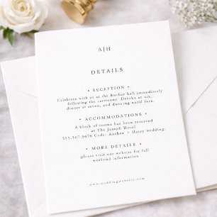 Cartão De Informações Detalhes do Casamento Editorial Monograma Serif Mo