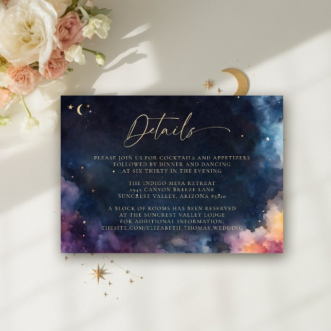 Cartão De Informações Detalhes do Casamento Elegante Azul Celestial Midn (celestial wedding details reception card cosmic watercolor starry night sky galaxy universe astrolog)