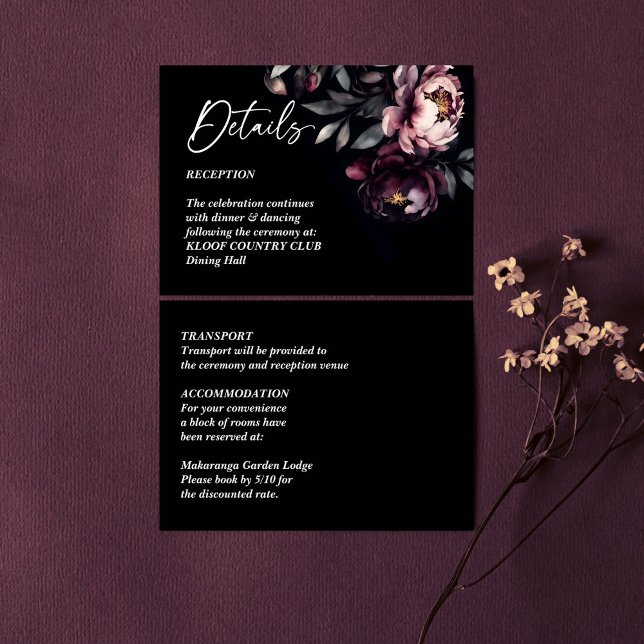 Cartão De Informações Detalhes do casamento elegante de noir com alma es (Dark moody noir elegant wedding details enclosure card burgundy peonies floral rsvp card)