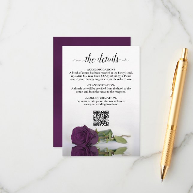 Cartão De Informações Detalhes do Casamento Elegante de Rosa Roxo de ame (Frente/Verso In Situ)