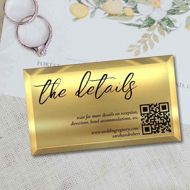 Cartão De Informações Detalhes do Casamento Elegante do Código QR do Bar (Gold Bar QR Code Elegant Wedding Details Enclosure Card)