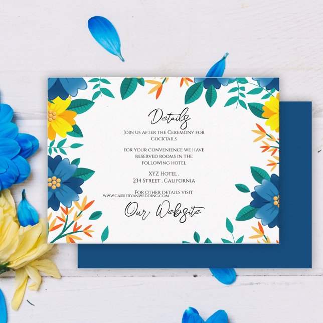Cartão De Informações Detalhes do Casamento Elegante Floral Azul Amarelo (Yellow Blue Floral Elegant Wedding Details Enclosure Card)