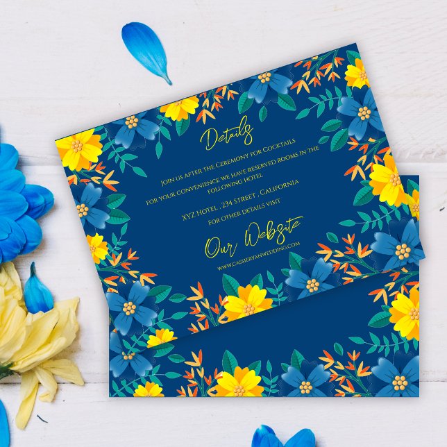 Cartão De Informações Detalhes do Casamento Elegante Floral Azul Amarelo (Yellow Blue Floral Elegant Wedding Details Enclosure Card)