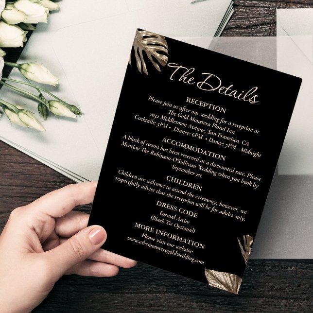 Cartão De Informações Detalhes do casamento elegante, preto e Dourado Mo (Criador carregado)