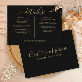 Cartão De Informações Detalhes do Casamento em Letra Dourada Preta e Dou