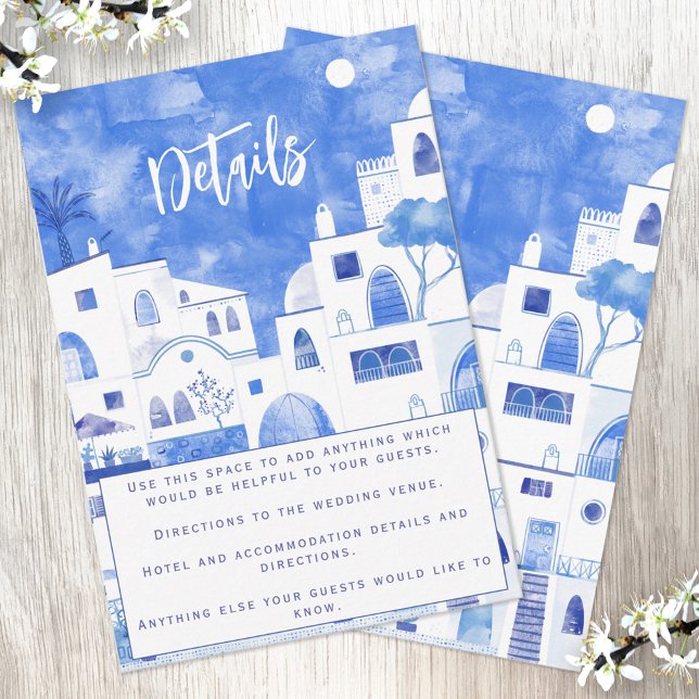 Cartão De Informações Detalhes do Casamento em Santorini (Wedding details personalized card featuring a blue and white watercolor painting of Santorini)