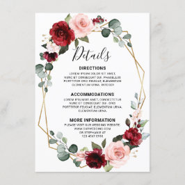 Cartão De Informações Detalhes do Casamento em Tons de Vinho e Azul Poei