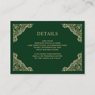 Cartão De Informações Detalhes do Casamento em Verde e Dourado Quadro Fl