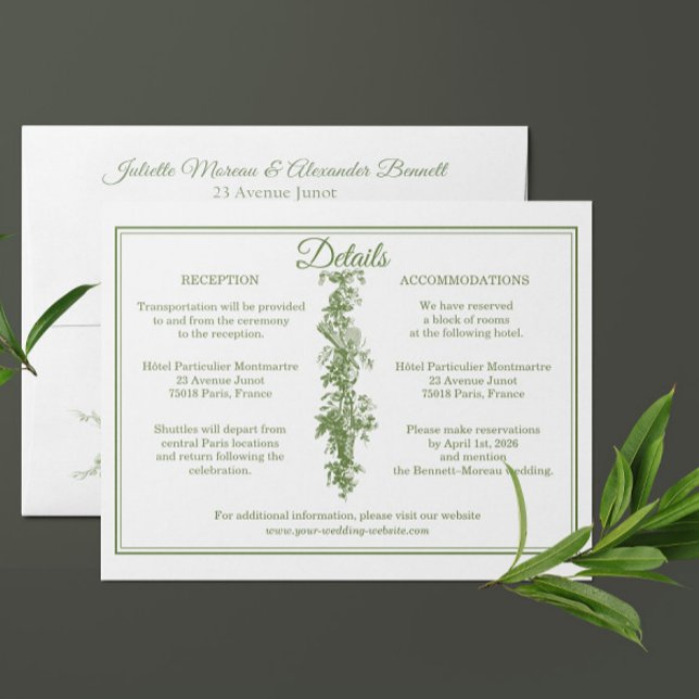 Cartão De Informações Detalhes do Casamento em Verde Oliva Toile de Jouy (Criador carregado)