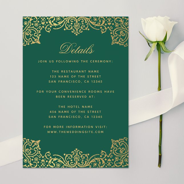 Cartão De Informações Detalhes do casamento Emerald Green Faux Dourado A (Criador carregado)