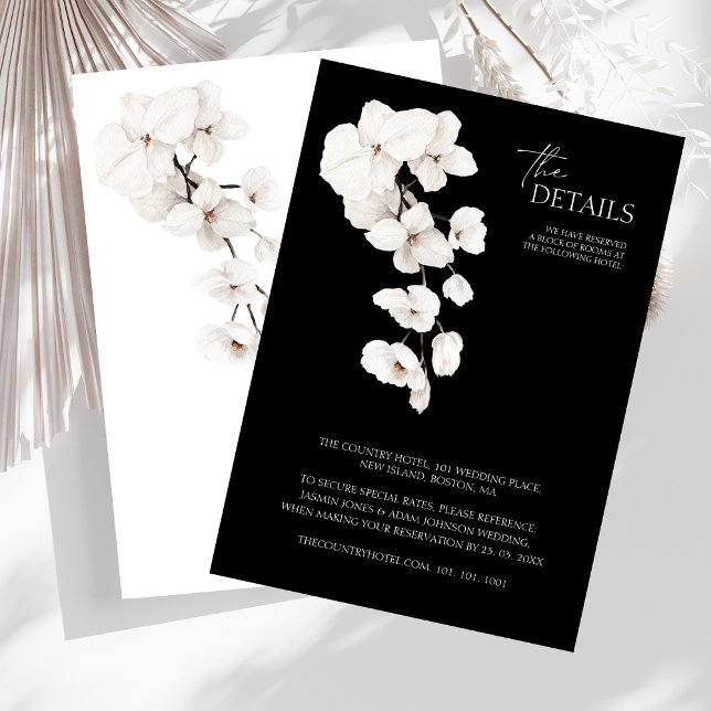 Cartão De Informações Detalhes do Casamento entre Orquídeas Negra e Bran (Modern Black and White Orchids Flowers Wedding Details Card)