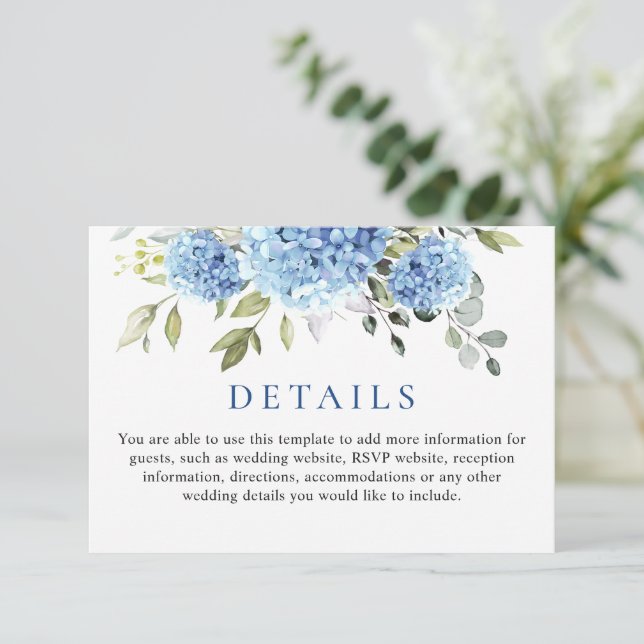 Cartão De Informações Detalhes do Casamento Eucalyptus Blue Hydrangea (Em pé/Frente)