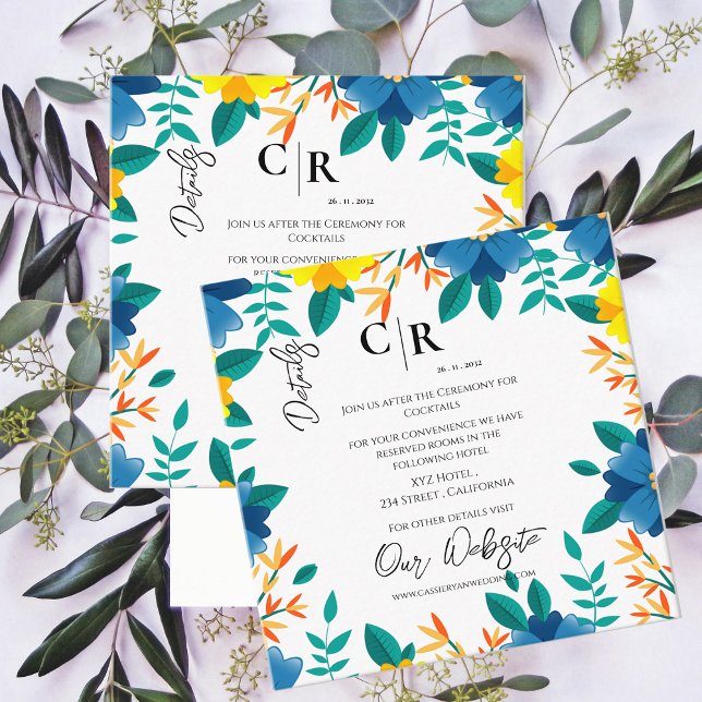 Cartão De Informações Detalhes do Casamento Floral Amarelo e Azul Elegan (Elegant Blue and Yellow Floral Wedding Details Enclosure Card)