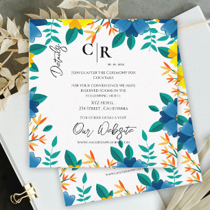 Cartão De Informações Detalhes do Casamento Floral Azul Brilhante e Amar