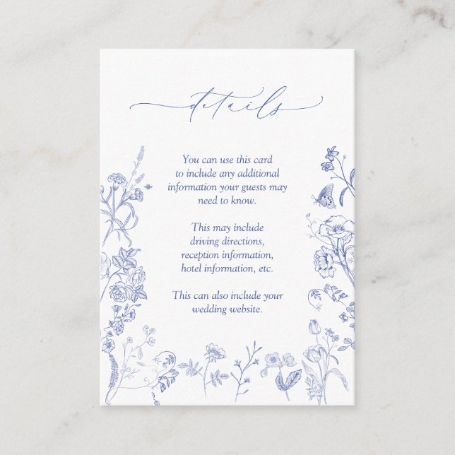 Cartão De Informações Detalhes do Casamento Floral Azul Chinoiserie Fren (Frente)