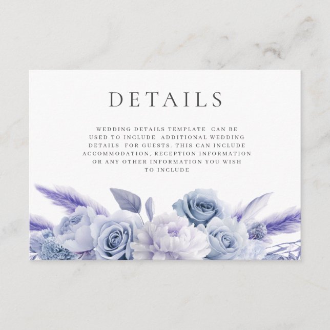 Cartão De Informações Detalhes do Casamento Floral Azul do Designer (Frente)