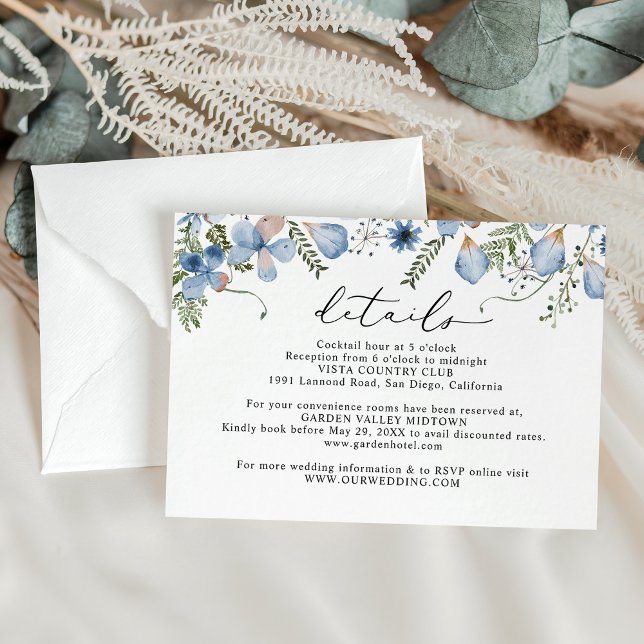 Cartão De Informações Detalhes do Casamento Floral Azul Elegante (Criador carregado)