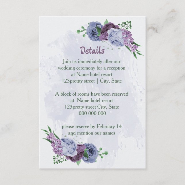 Cartão De Informações Detalhes do casamento floral azul roxo (Frente)