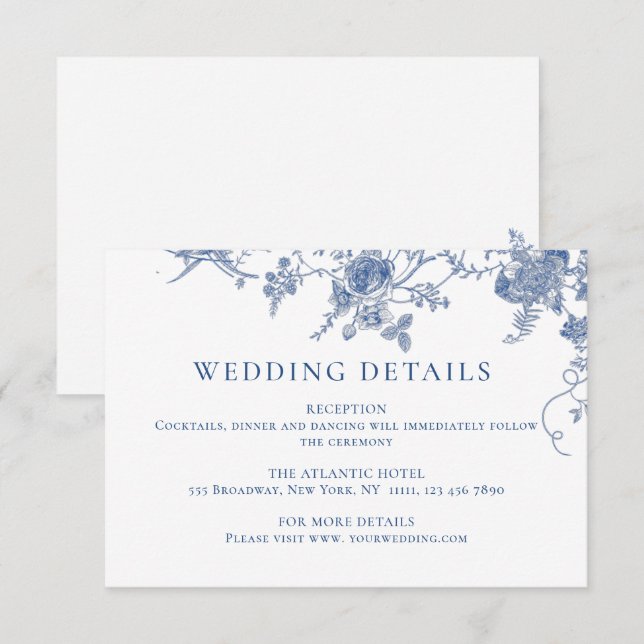 Cartão De Informações Detalhes do Casamento Floral Azul Vitoriano Elegan (Frente/Verso)