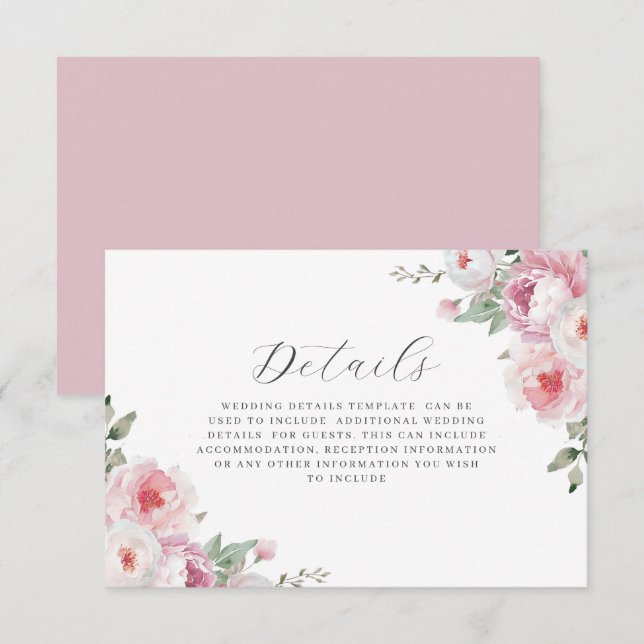 Cartão De Informações Detalhes do Casamento Floral Botânico Blush & Rose (Frente/Verso)