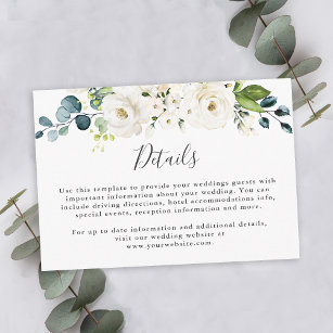 Cartão De Informações Detalhes do Casamento Floral Branco Elegante
