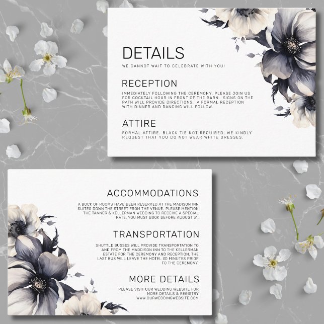 Cartão De Informações Detalhes do Casamento Floral Branco Preto Elegante (Modern Boho Floral Black White Wedding Details Enclosure Card)