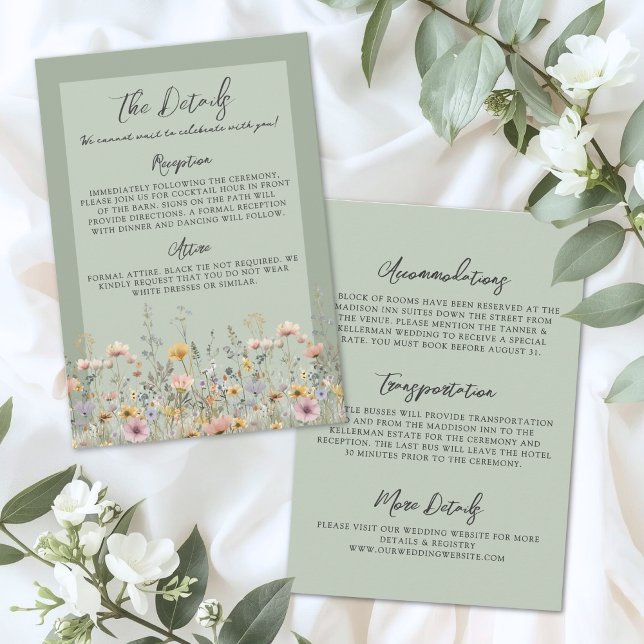 Cartão De Informações Detalhes do Casamento Floral com Flores Silvestres (Sage Green Wildflower Floral Wedding Details Enclosure Card)