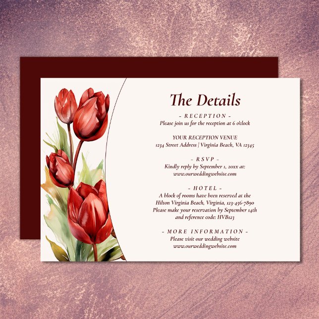 Cartão De Informações Detalhes do Casamento Floral com Primavera de Tuli (Watercolor Red Tulip Spring Floral Wedding Details Enclosure Card)