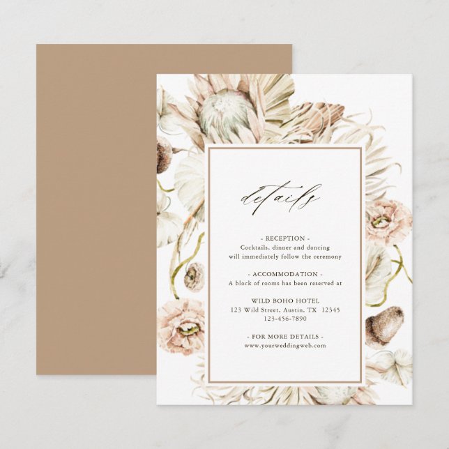 Cartão De Informações Detalhes Do Casamento Floral Da Boho Protea Pampas (Frente/Verso)