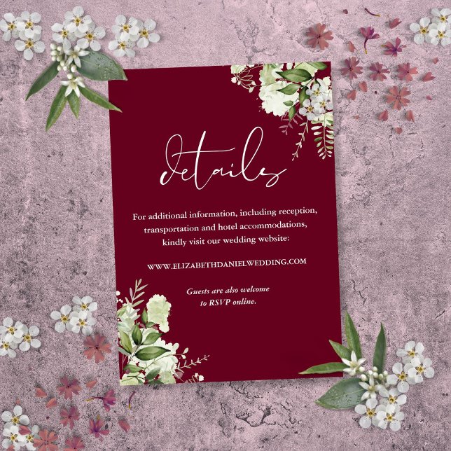Cartão De Informações Detalhes do Casamento Floral da Burgundy Greenery (Burgundy Greenery Floral Wedding Details Enclosure Card)