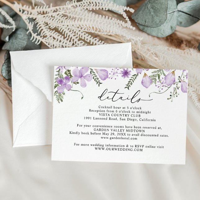 Cartão De Informações Detalhes do Casamento Floral da Lavanda Elegante (Criador carregado)