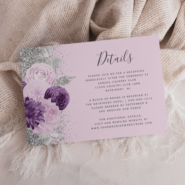Cartão De Informações Detalhes do Casamento Floral da Lavanda Prateada R (Criador carregado)