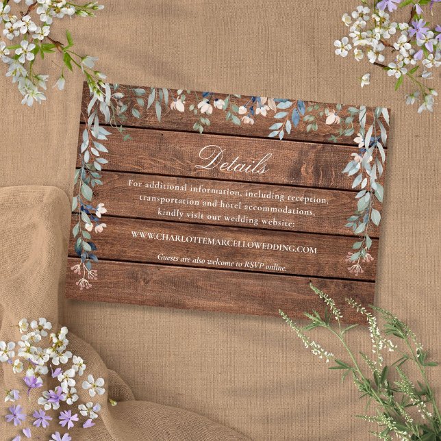 Cartão De Informações Detalhes do Casamento Floral da Madeira Rústica (Rustic Wood Wildflowers Floral Wedding Details Enclosure Card)