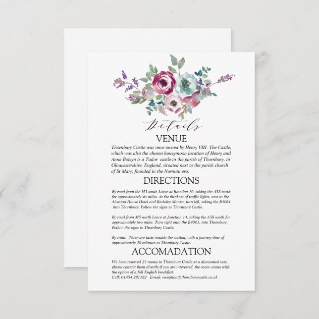 Cartão De Informações Detalhes do Casamento Floral da Mint & Mauve (Frente/Verso)