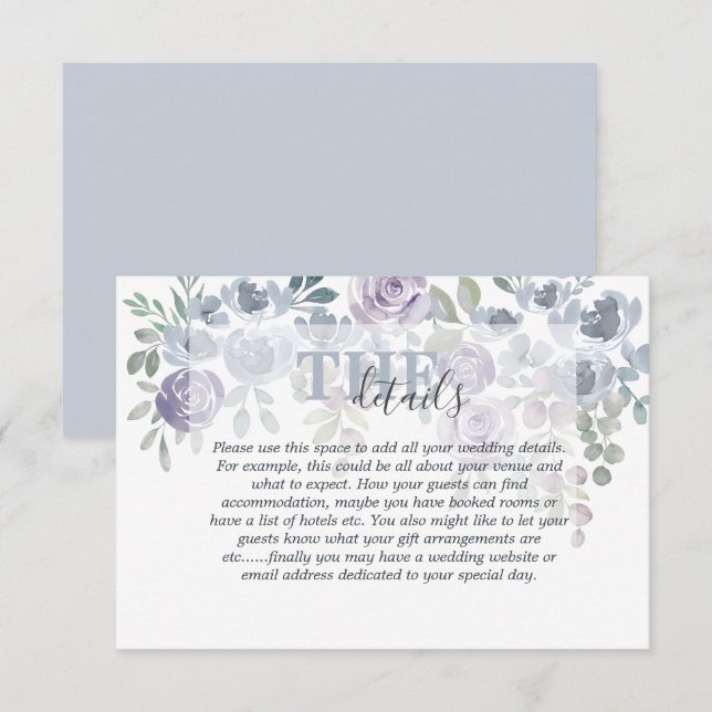 Cartão De Informações Detalhes Do Casamento Floral De Azul Com Aquarela  (Frente/Verso)