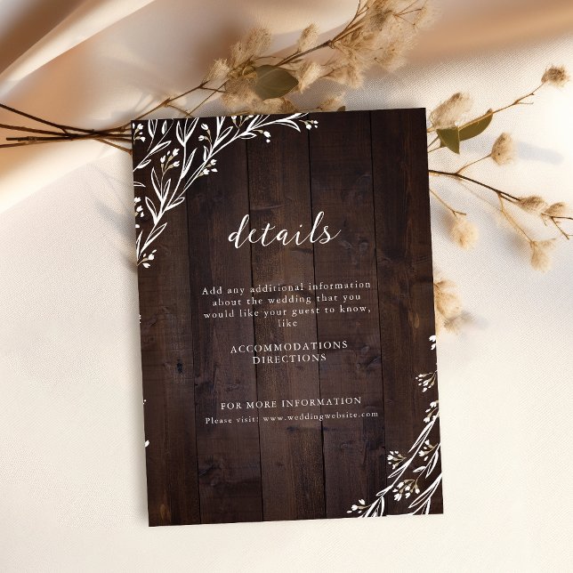 Cartão De Informações Detalhes do Casamento Floral de Boho de Madeira Rú (Rustic Wood Boho Floral Country Wedding Details Enclosure Card)