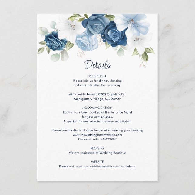 Cartão De Informações Detalhes do Casamento Floral de Dusty Blue (Frente)
